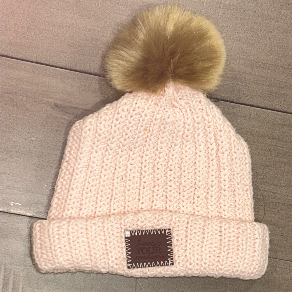 Love Your Melon Pink Knit Beanie with Brown Pom-Pom